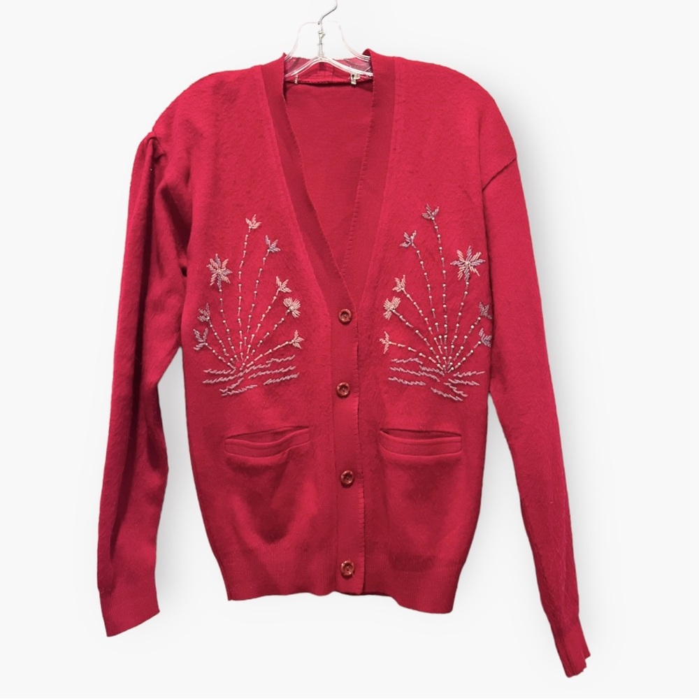 Vintage Red Beaded Cardigan Sweater Sz M
